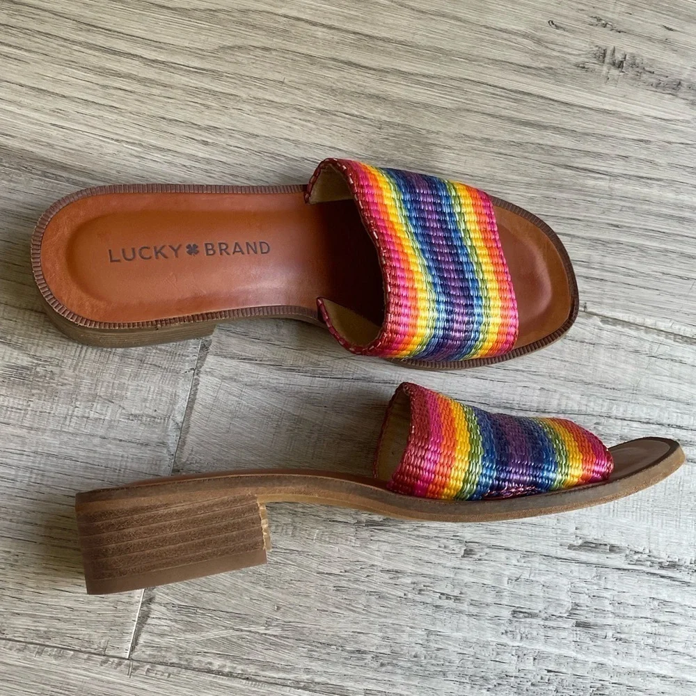 Lucky Brand Rainbow Color Woven Slide Sandals Stacked Heel Open Toe SZ 5.5